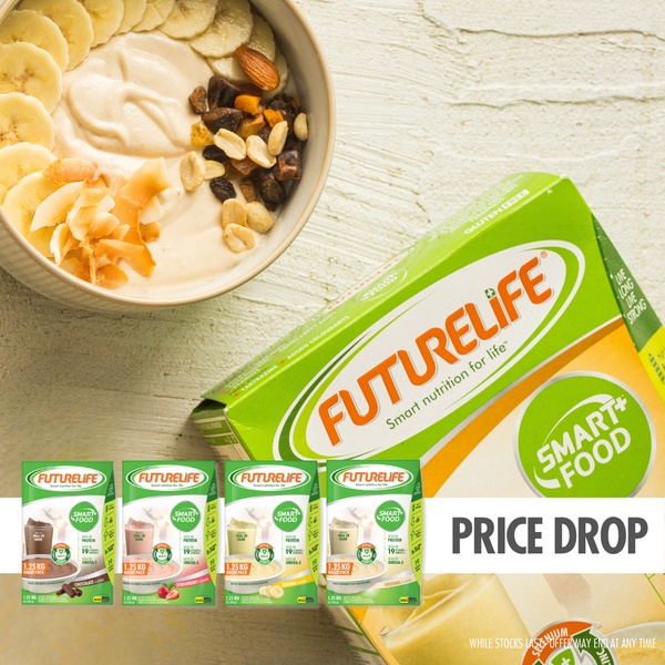 A high-contrast ad featuring a bowl of cereal and multiple product variants alongside a clear price drop notification.
